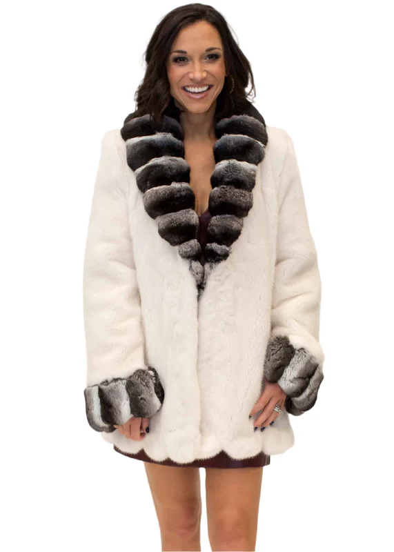 White Mink Scallop Trim Fur Jacket with Chinchilla Fur Trimmed Collar and Cuffs Satin Jacket Silk Jacket Chiffon Jacket