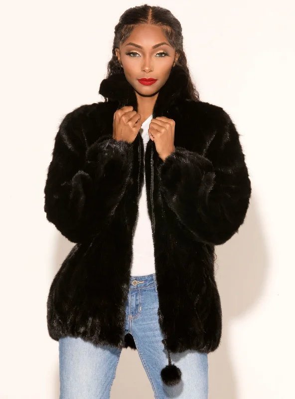 Mink Fur Bomber Jacket with Zip Front Zip Front Button Front Snap Front