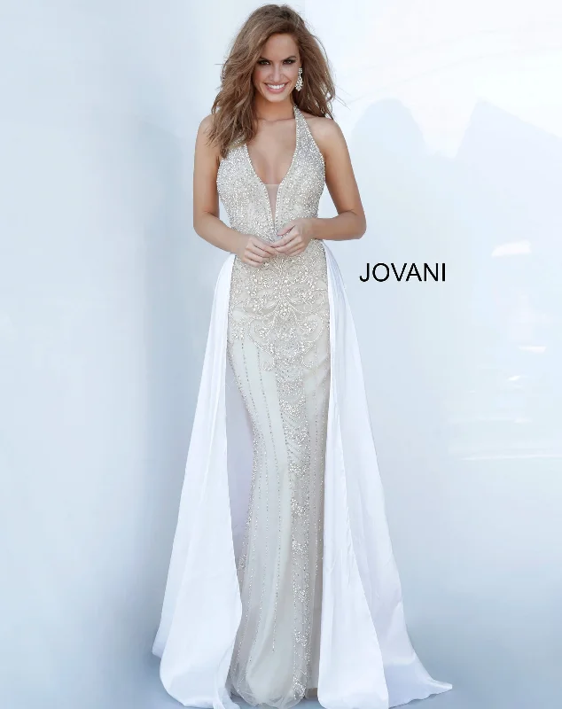 Beaded Halter Overskirt Gown by Jovani 3698 patchwork skirt art