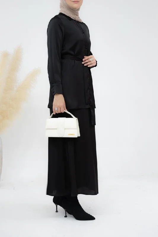 Black Blouse Skirt Modest set maxi skirt with elasticated waistband maxi sleeve buttoned shirt with a detachable belt lace skirt romantic