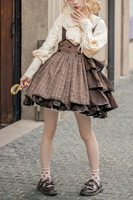 Brown Sherlock Detective Ruffle Color Matching Gothic Lolita Strap Skirt satin skirt smooth