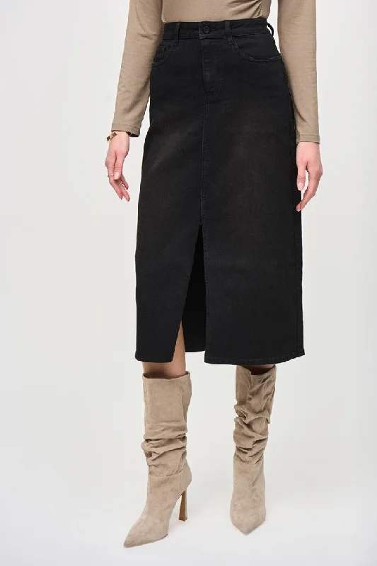 Denim Front Slit Midi Skirt - Black wool skirt warm