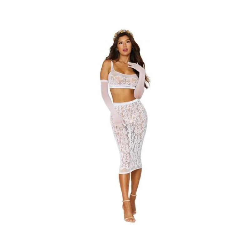 Dreamgirl Lace Fishnet Bralette & Slip Skirt White O/s silk skirt lustrous