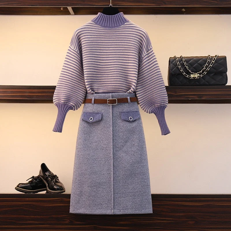 Fashion Autumn Winter Knit Set Two Piece Turtlneck Stripe Pullover Sweater + Midi Wool Skirt 2PCS Coat Set Elegant Suit Women linen skirt airy