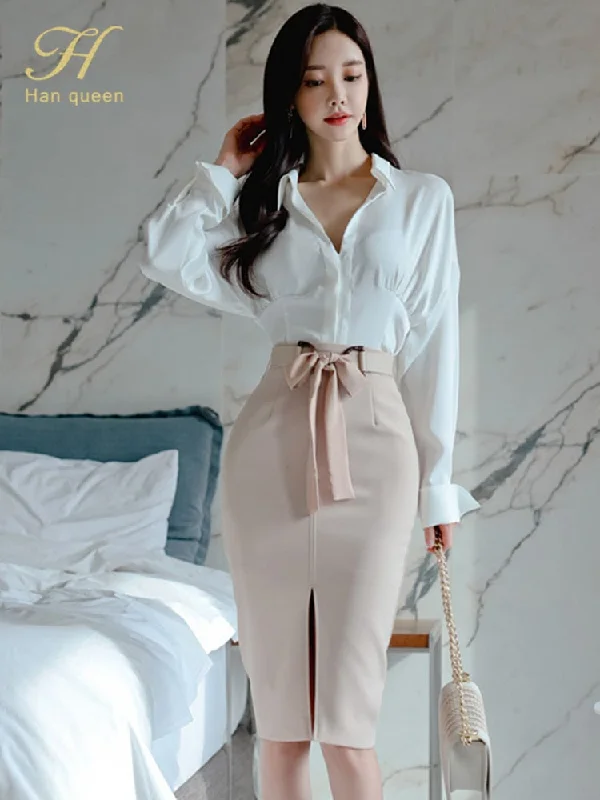 H Han Queen Women 2023 Spring OL Work Wear 2 Pieces Set White Blouses & Lace-Up Sheath Pencil Bodycon Skirt Chic Female Clothing spandex blend skirt