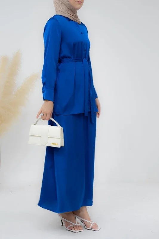 Royal Blue Blouse Skirt Modest set maxi skirt with elasticated waistband maxi sleeve buttoned shirt with a detachable belt denim skirt trendy