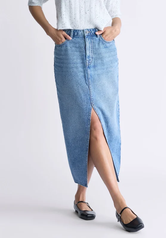 High Rise Samantha Women's Denim Skirt, Sanded Medium Indigo - BL16008 chiffon skirt lightweight