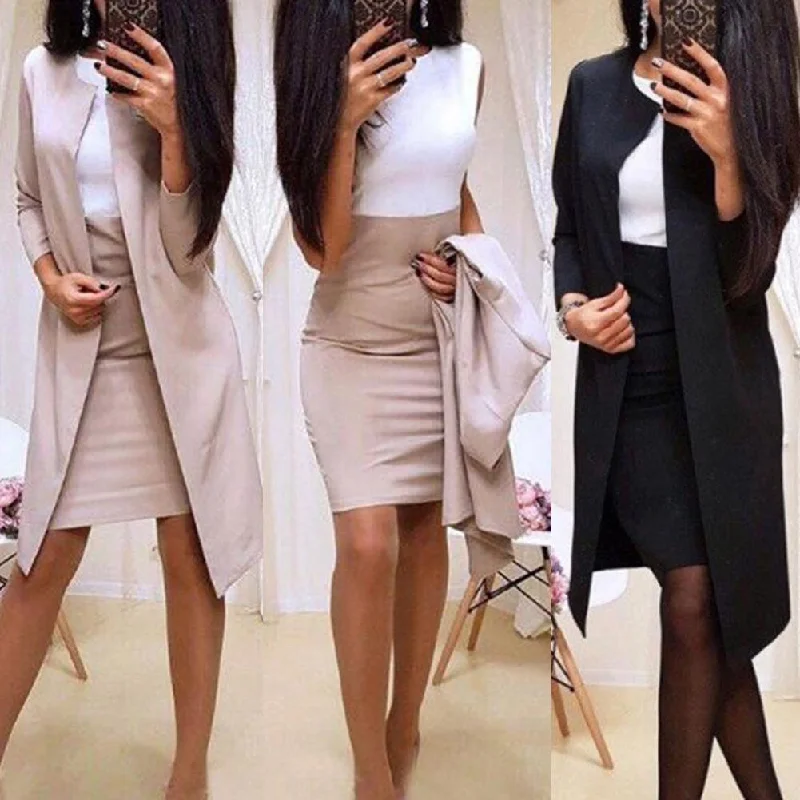 Sell 2pcs Suits With Skirt Office Lady Autumn Solid Color Long Blazer Jacket Bodycon Mini Skirt Suit  Mini Skirt Suit linen skirt light