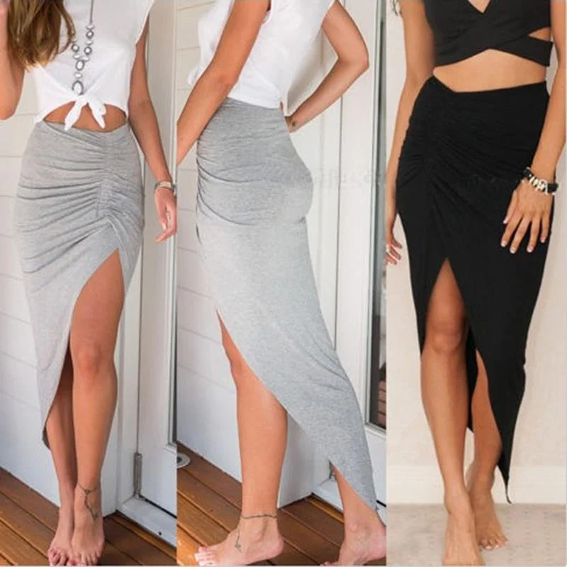 Sexy Irregular Skirts Women Summer Charm Split Long Skirt Slit Party Bodycon Skirt Gray Black Office Lady Skirts leather skirt bold