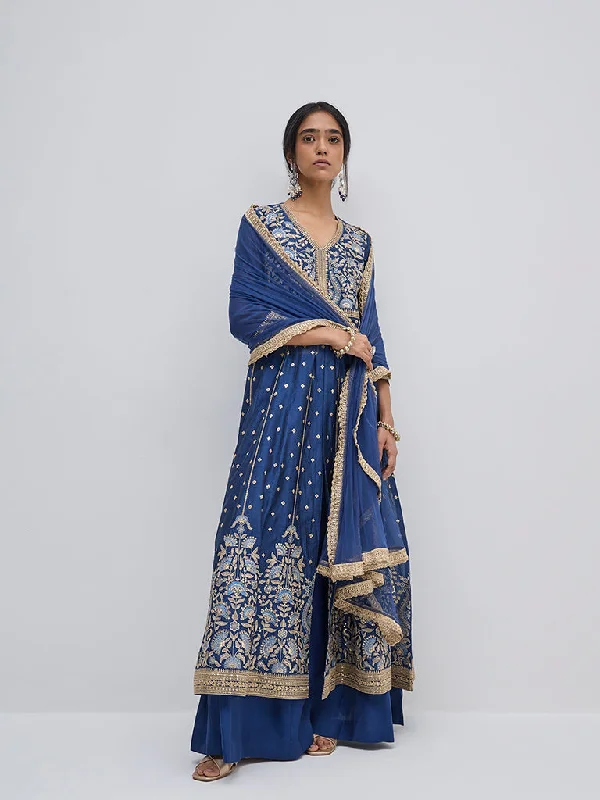 Vark Blue Embroidered Kurta, Skirt and Dupatta Set velvet skirt glossy