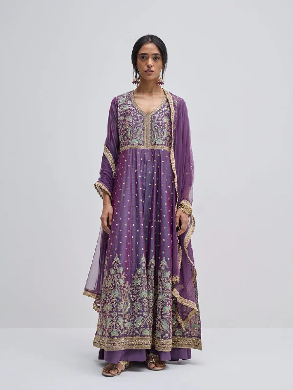 Vark Purple Floral Embroidered Kurta, Skirt and Dupatta Set wool skirt warm