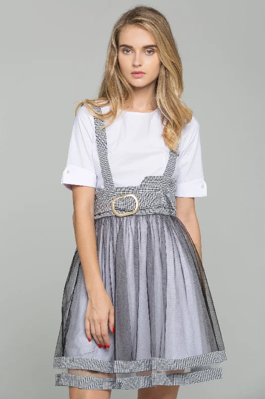 White Cotton Gauntlet Sleeve Shirt and Black Chiffon Gingham Pinafore Belted Skirt Set casual skirt length