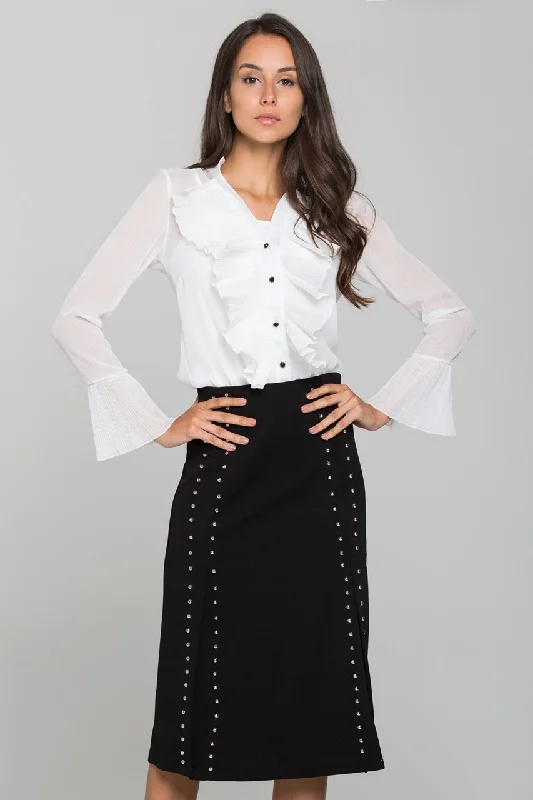 White Pleated Gabot Top and Black Skirt Set silk skirt sleek