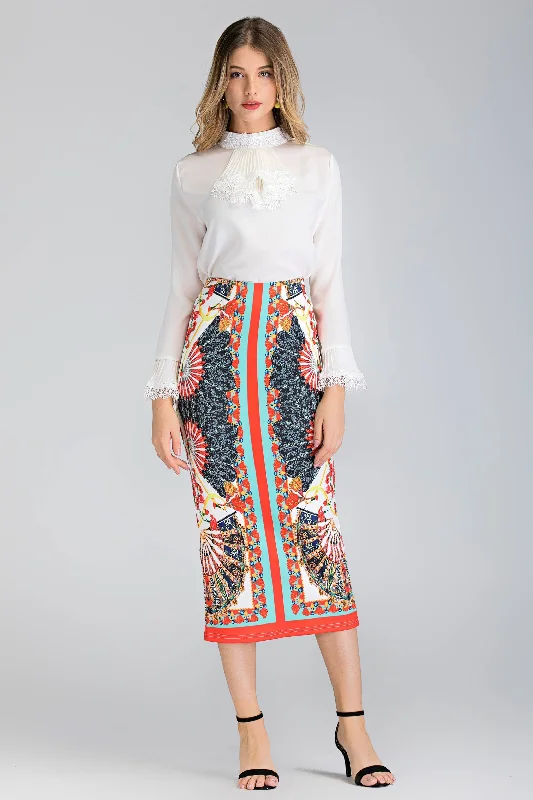 White Pleated Gabot Top and Printed Pencil Skirt Set lace skirt feminine