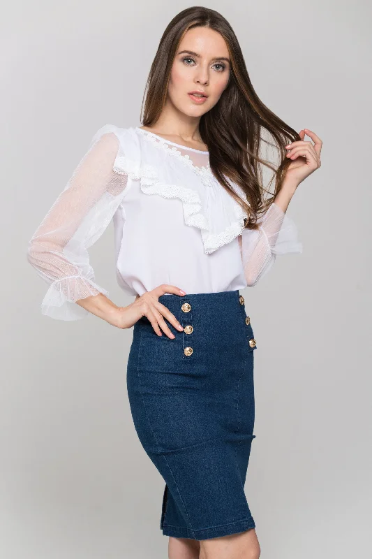 White Sheer Sleeves Gabot Top and Denim Skirt satin skirt smooth