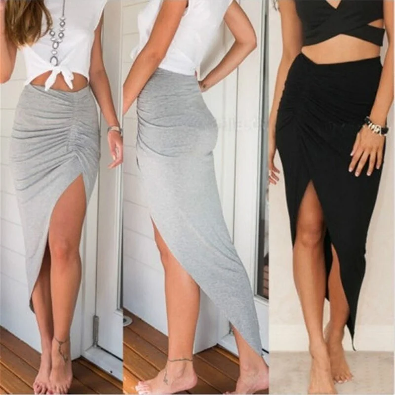 Women High Waisted Asymmetric Stretch Ruched Slit Skirt Beach Party Bodycon Skirts Pluss Size S-XL Black Gray silk skirt sleek