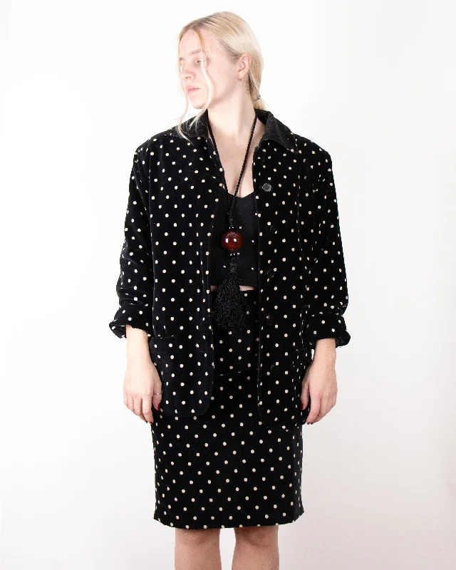 1980s Gianni Versace Polkadot Velvet Skirt Suit S high slit skirt