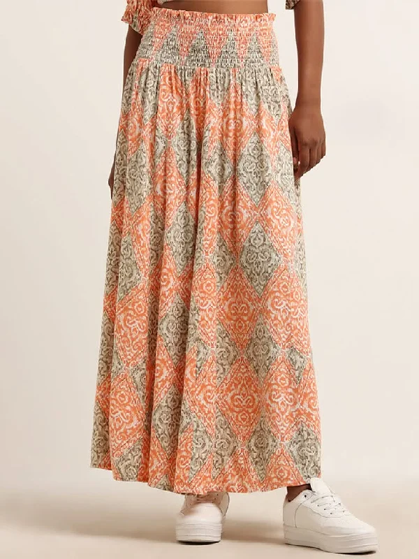 Bombay Paisley Peach Printed Mid Rise Skirt maxi skirt elegant