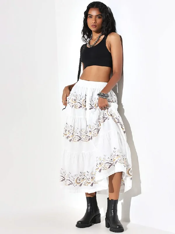 Bombay Paisley White A-Line Printed Cotton Tiered Skirt chiffon skirt floaty