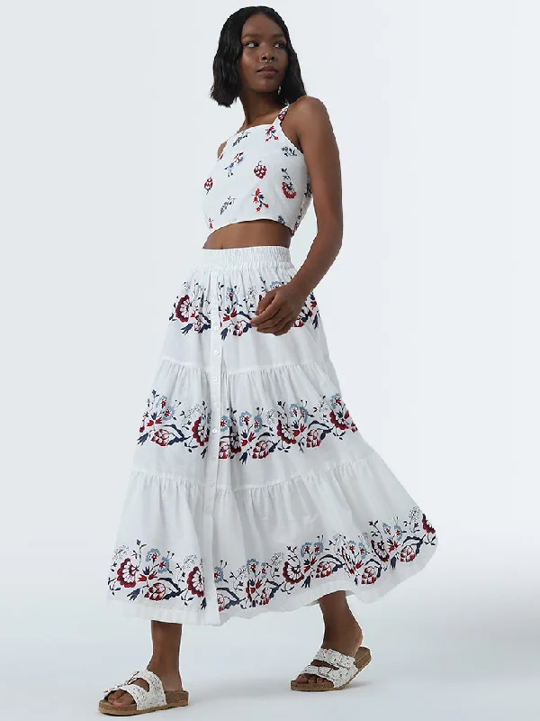 Bombay Paisley White Floral Printed Tiered Cotton Skirt modal blend skirt