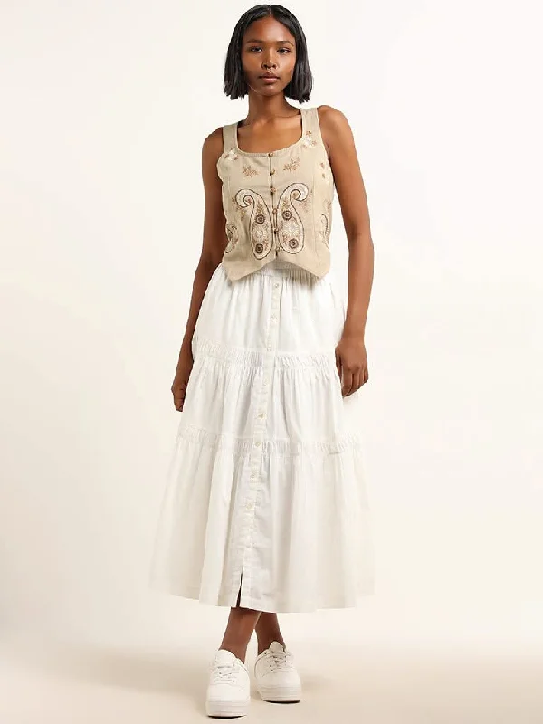 Bombay Paisley White Tiered Mid Rise Cotton Skirt velvet skirt luxurious