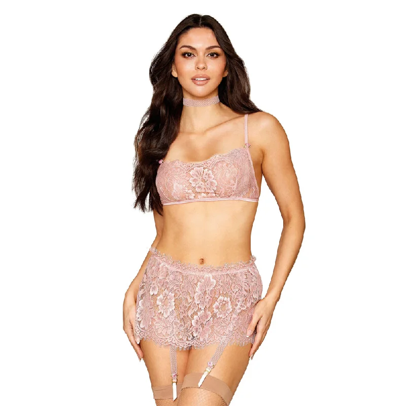 Dreamgirl Eyelash Lace Bralette Garter Skirt Choker Set Rosettes 13279 - Rose elastic waist skirt