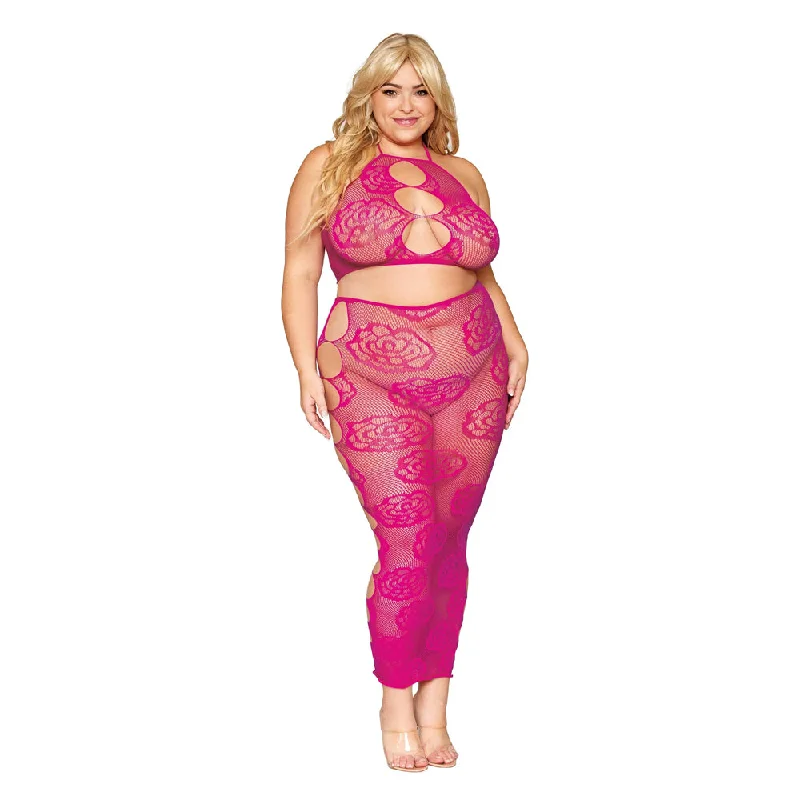 Dreamgirl Plus Size Bralette Skirt Set Rose Fishnet 0485X - Beet breathable skirt fabric