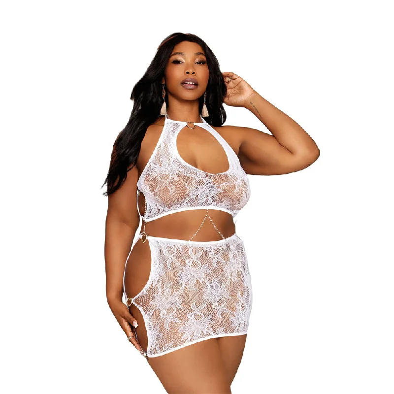 Dreamgirl Plus Size Lace Bralette Mini-Skirt Set 13309X - White wool skirt warm