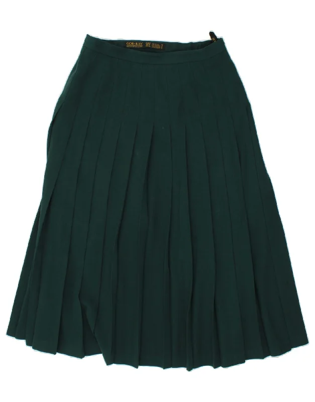 GOR'RAY Womens Knife Pleated Skirt UK 16 Large W32 Green Virgin Wool leather skirt sleek