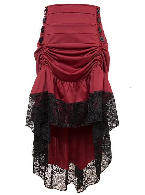 Gothic Victorian Red High Waist Lace Trim Good Elasticity Ruffled High-low Skirt satin skirt smooth