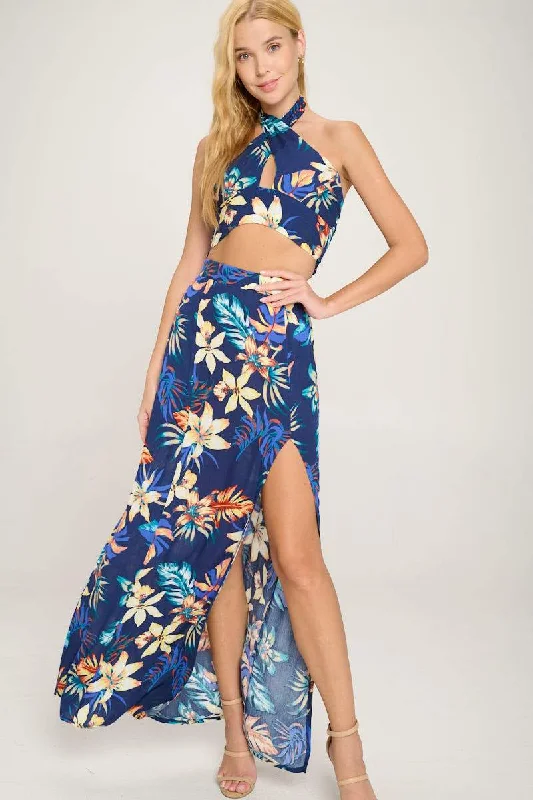 Halter Crop Top and Maxi Skirt Slit Set Tropical Printed mini skirt trendy