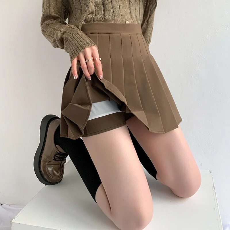 Khaki pleated skirt  KF83073 seamless skirt comfort