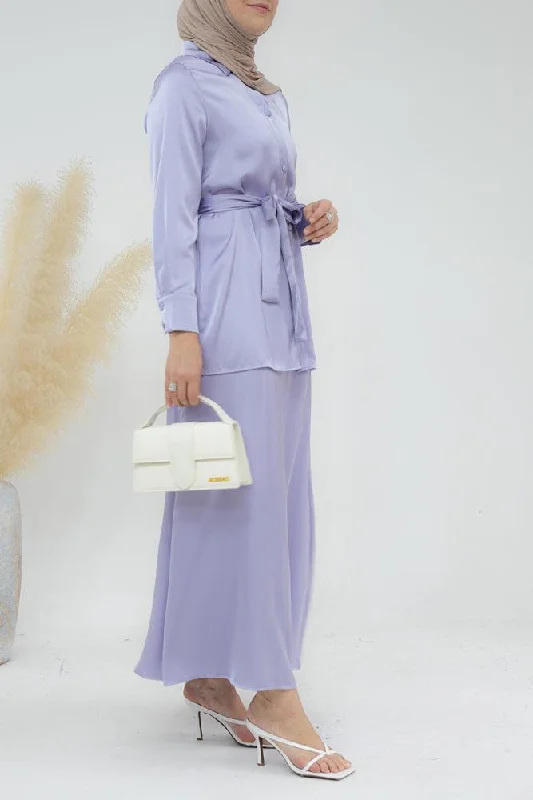 Lavender Blouse Skirt Modest set maxi skirt with elasticated waistband maxi sleeve buttoned shirt with a detachable belt lace skirt elegant