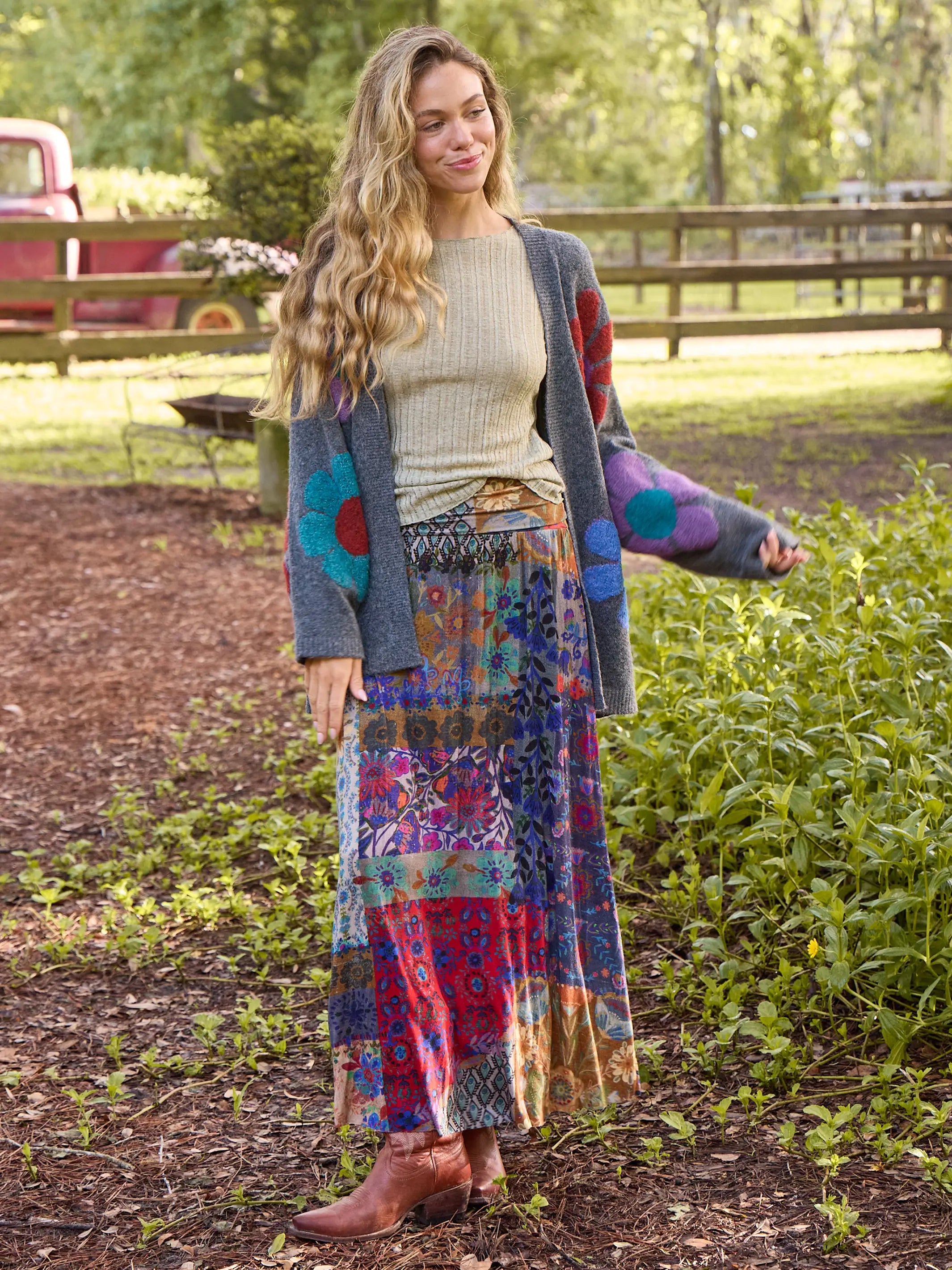 Live-In-It Knit Maxi Skirt - Blue Patchwork tiered skirt playful