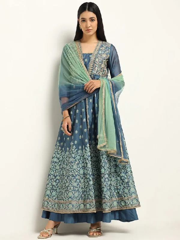 Vark Blue Zardozi Embroidered Cotton Blend Kurta with Skirt and Dupatta low waist skirt