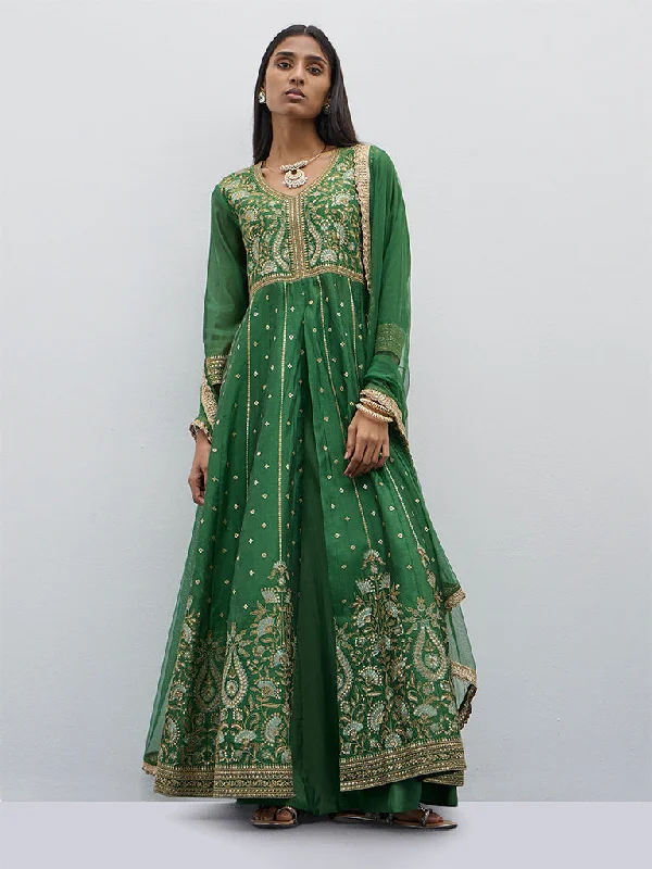 Vark Green Embroidered Kurta, Skirt and Dupatta Set cashmere skirt soft