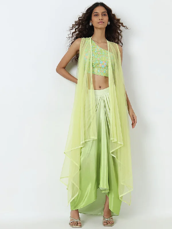 Vark Light Green Floral Embellished Blouse, Skirt and Shrug Set boho skirt vibe