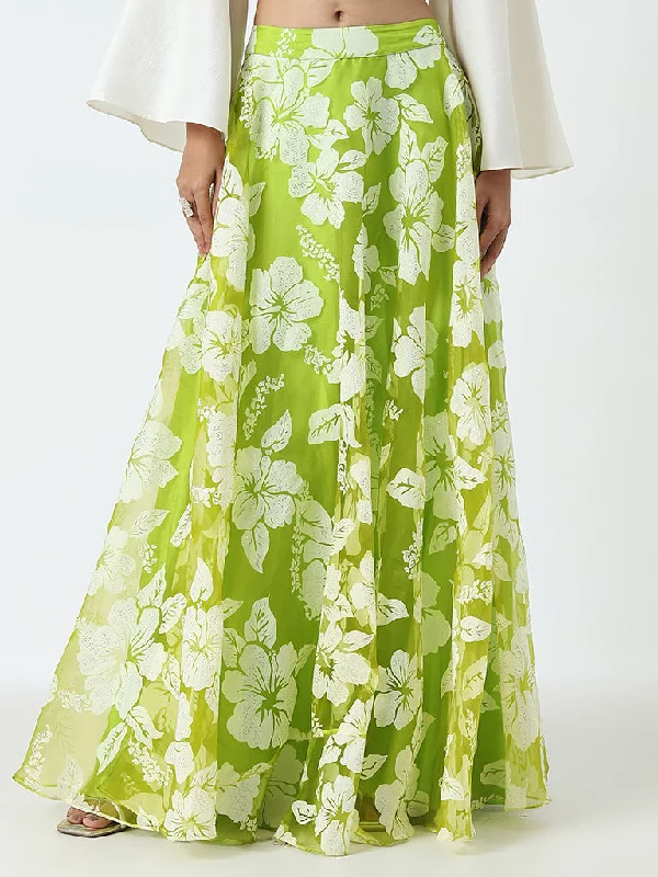 Vark Lime Floral Flared Skirt lace skirt intricate