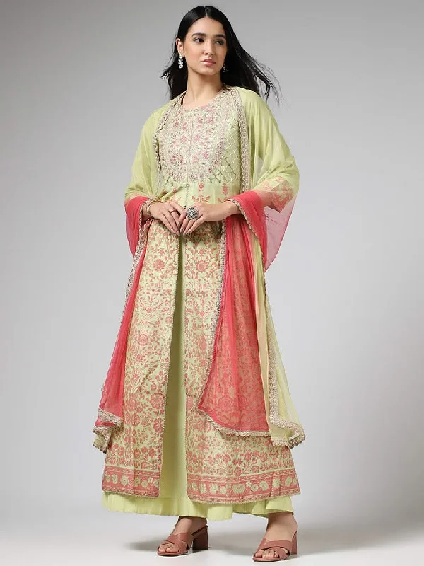 Vark Lime Green Embroidered Long Kurta, Skirt & Dupatta Set seamless skirt comfort