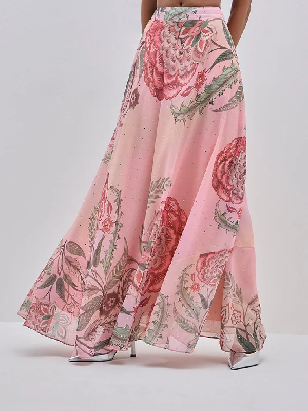 Vark Peach Botanical Printed-Fit and Flare High-Rise Skirt chiffon skirt flowing