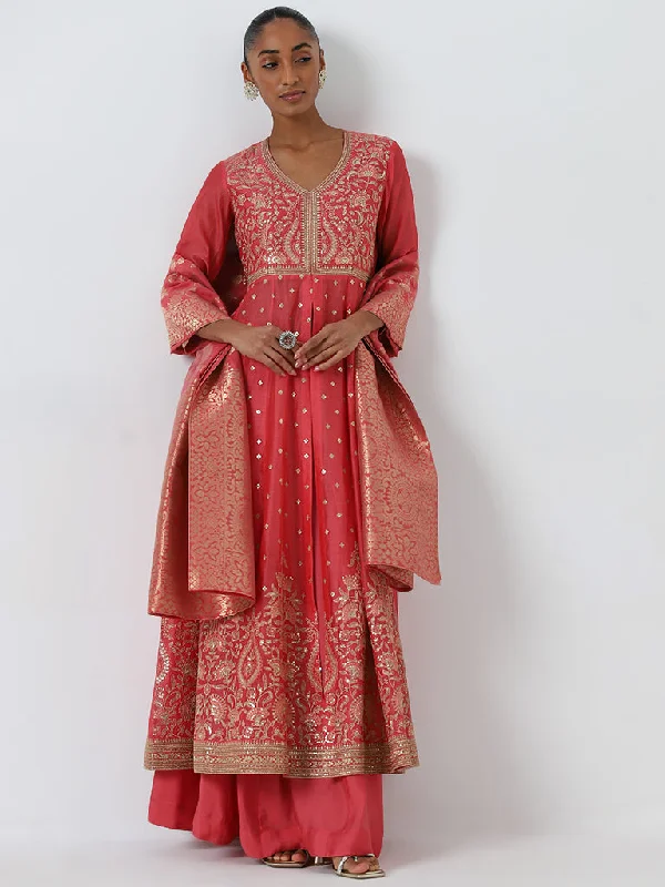 Vark Pink Floral Embroidered Kurta, Skirt and Dupatta Set satin skirt smooth