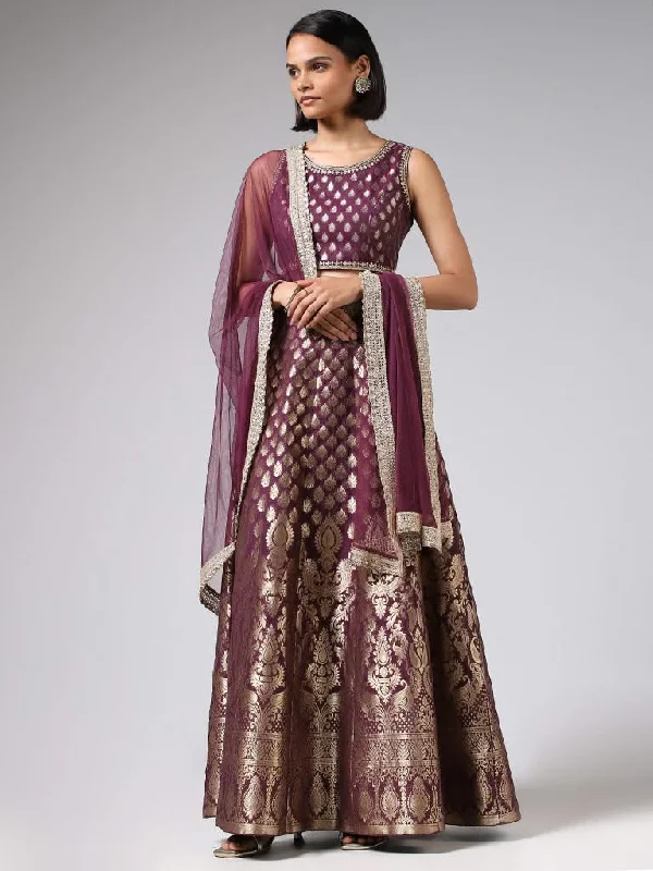 Vark Purple Brocade Choli, Gathered Skirt & Dupatta Set button skirt front