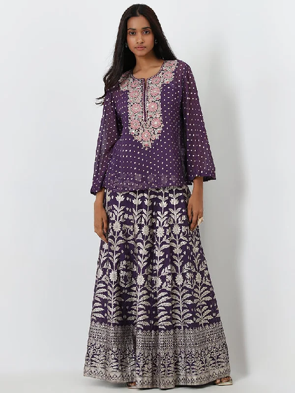 Vark Purple Embroidered Top, Inner and Skirt Set slim fit skirt