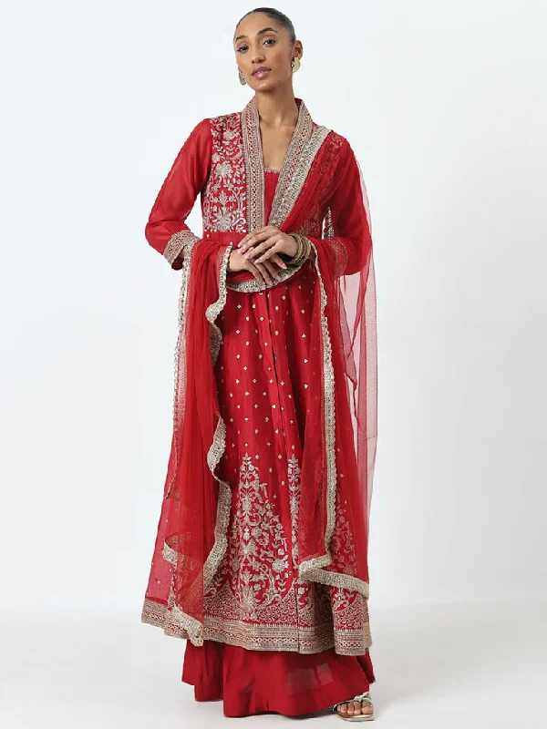 Vark Red Embroidered Kurta, Skirt and Dupatta Set tulle skirt dreamy