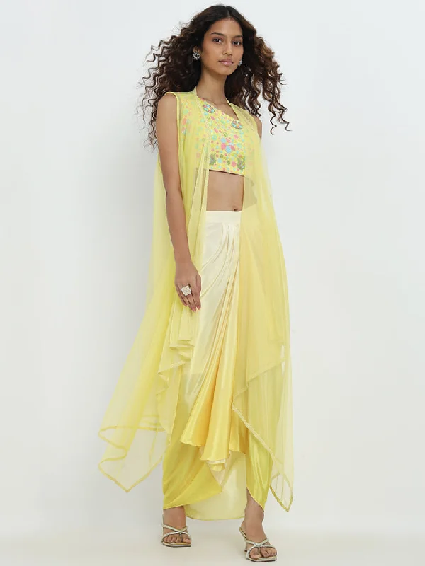 Vark Yellow Floral Embellished Blouse, Skirt and Shrug Set ribbed skirt waist