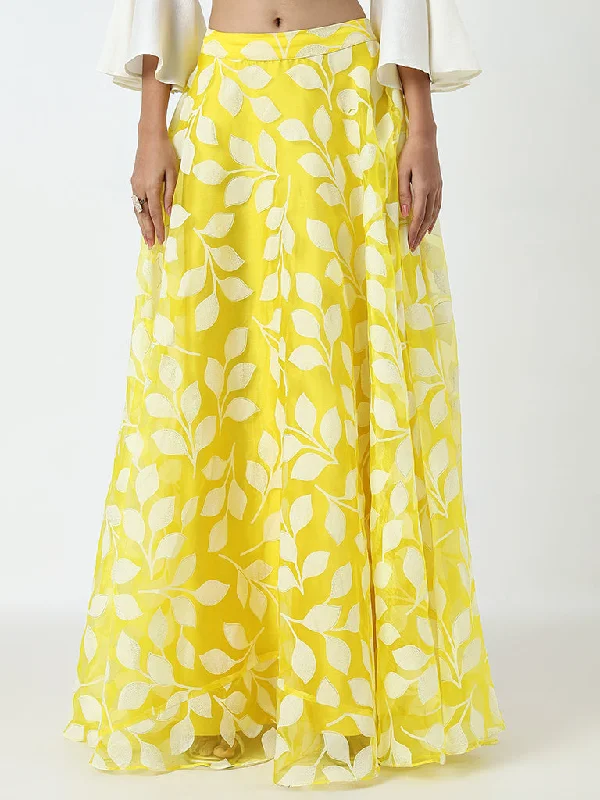 Vark Yellow Leaf Design Flared Skirt linen skirt light