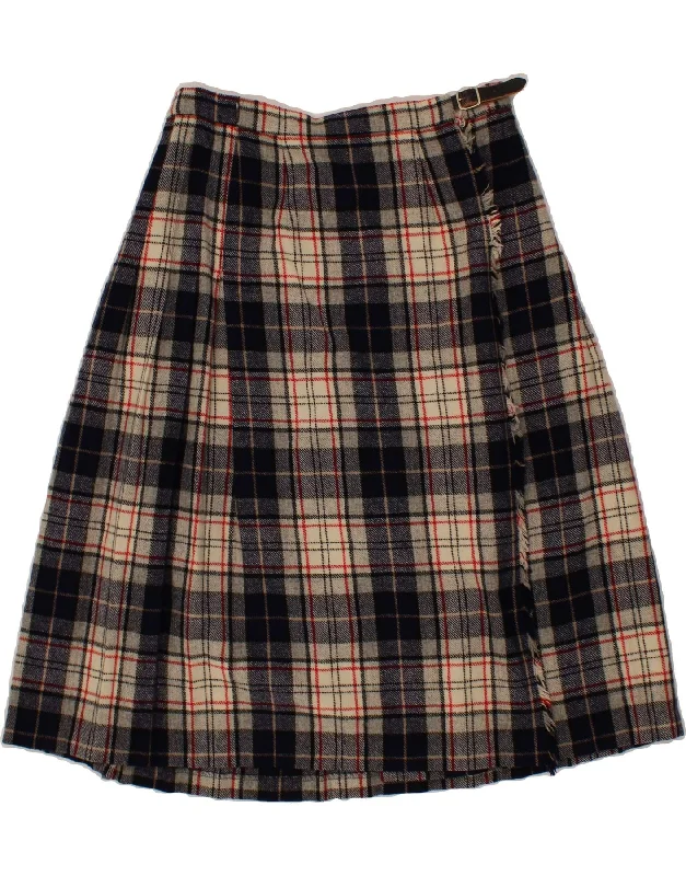 VINTAGE Womens Wrap Skirt W26 Small  Navy Blue Plaid Wool casual skirt length