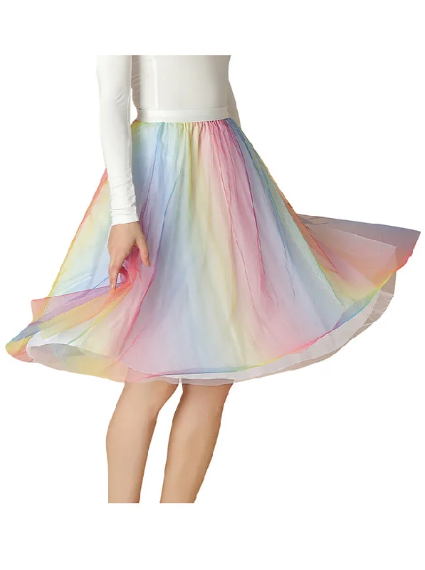 Women Mesh A-line Tulle Skirt Fairy Pleated Colorful Gradient Midi Skirt denim skirt classic