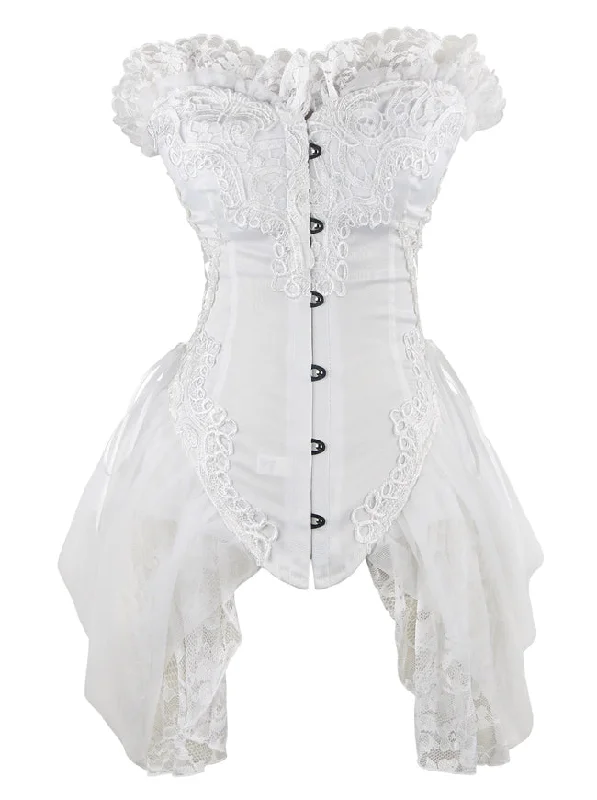 Strapless Floral Embroidery Mesh Princess Vintage Bustier Corset with Lace Skirt White tiered skirt playful